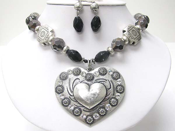 Crystal stud antique metal heart pendant neckalce earring set