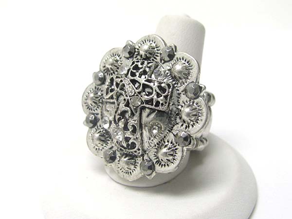 Crystal stud antique cross flower stretch ring