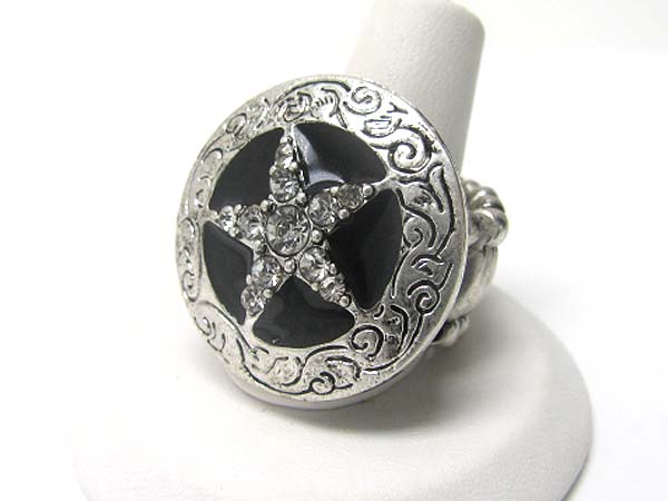 Crystal stud metal textured star round stretch ring