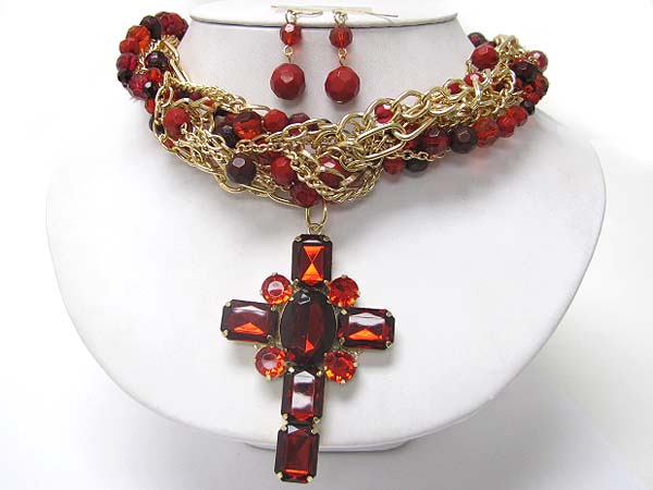 Crystal cross pendant nad multi beads and chain necklace set