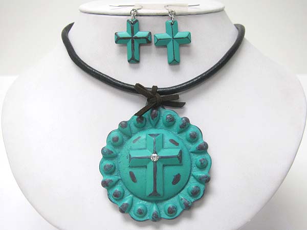 Crystal stud cross round patina medal necklace set