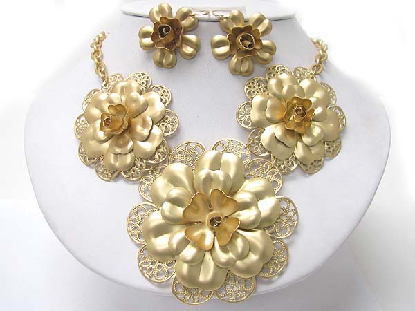 Multi layer metal filigree flower link necklace set