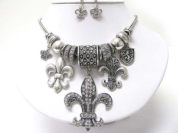 Crystal stud multi metal fleur de lis charm dangle necklace earring set