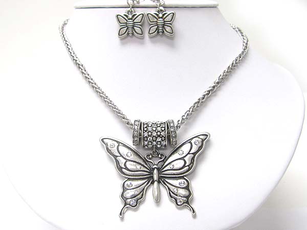 Crystal stud metal butterfly pendant necklace earring set