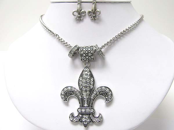 Crystal stud metal fleur de lis pendant necklace earring set