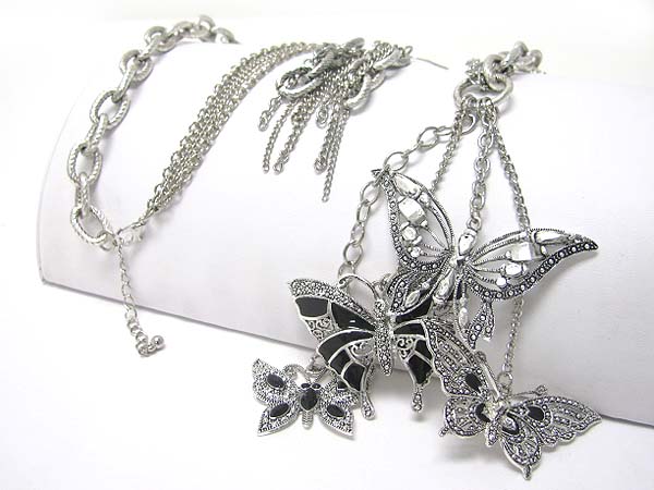 Marcasite look metal textured butterfly charm dangle long necklace