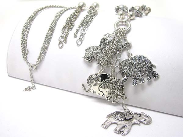 Marcasite look metal textured elephant charm dangle long necklace