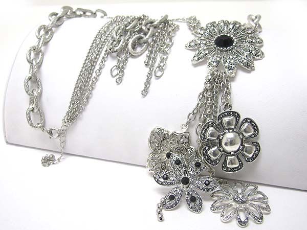 Marcasite look metal textured flower charm dangle long necklace