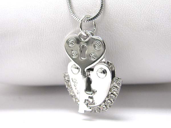 Made in korea whitegold plating crystal key and heart lock pendant necklace