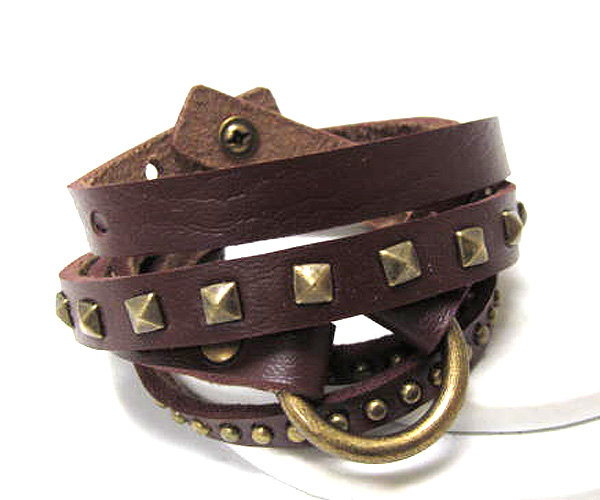 Multi metal ball and spike stud leatherette wrap bracelet