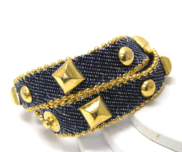 Multi metal ball and spike stud jean fabric wrap bracelet