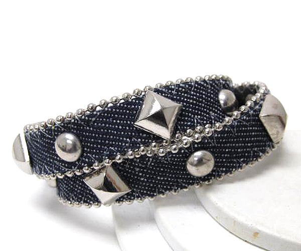 Multi metal ball and spike stud jean fabric wrap bracelet