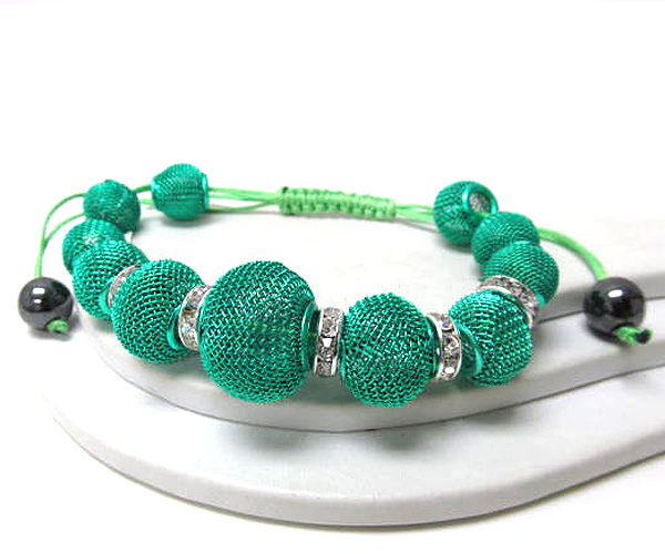 Crystal rondelle and colored metal mesh ball braided with cord basketball wives inspired stretch bracelet