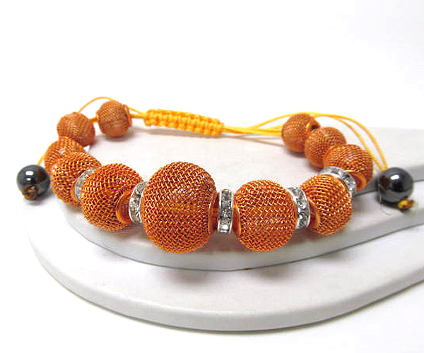 Crystal rondelle and colored metal mesh ball braided with cord basketball wives inspired stretch bracelet