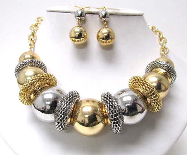 Multi metal balls and ring tube link chain necklace earring set