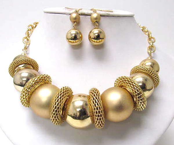 Multi metal balls and ring tube link chain necklace earring set