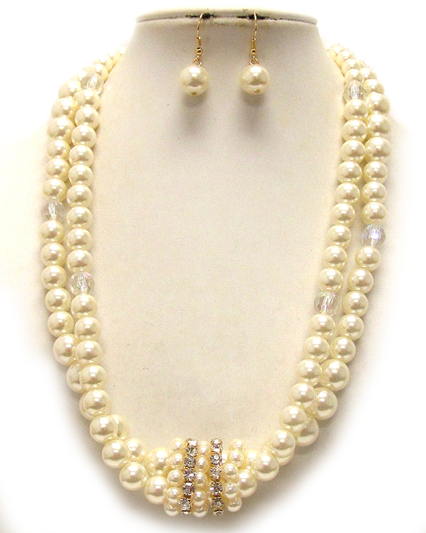 Rhinestone accent and multi pearl double chain necklace earring set