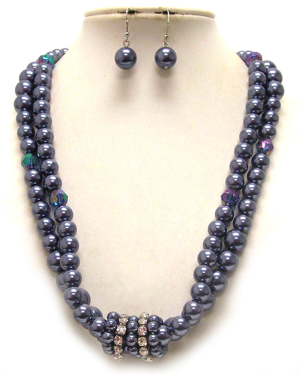 Rhinestone accent and multi pearl double chain necklace earring set