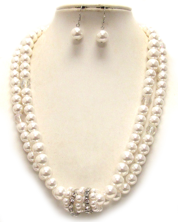 Rhinestone accent and multi pearl double chain necklace earring set