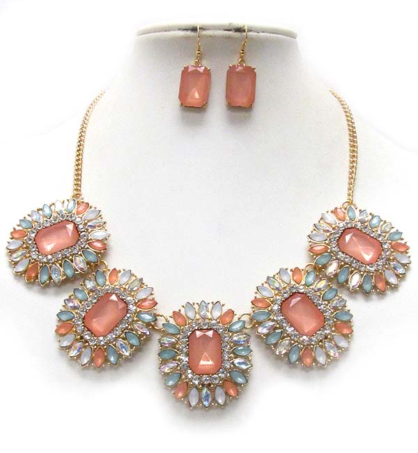 Multi crystal and facet glass deco flower link necklace earring set