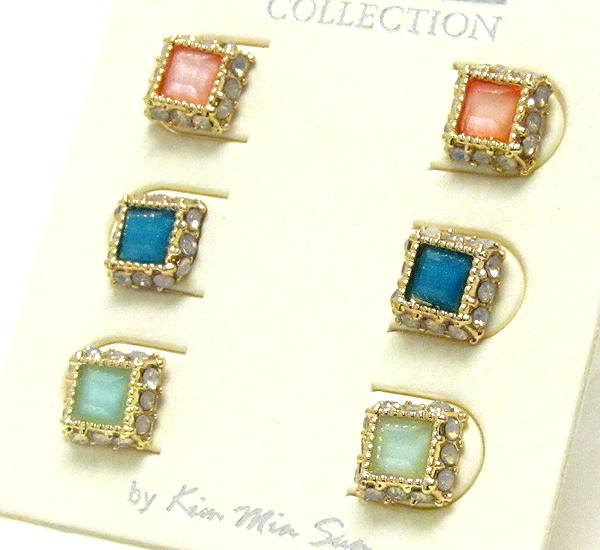 Multi color crystal square earring set of 3