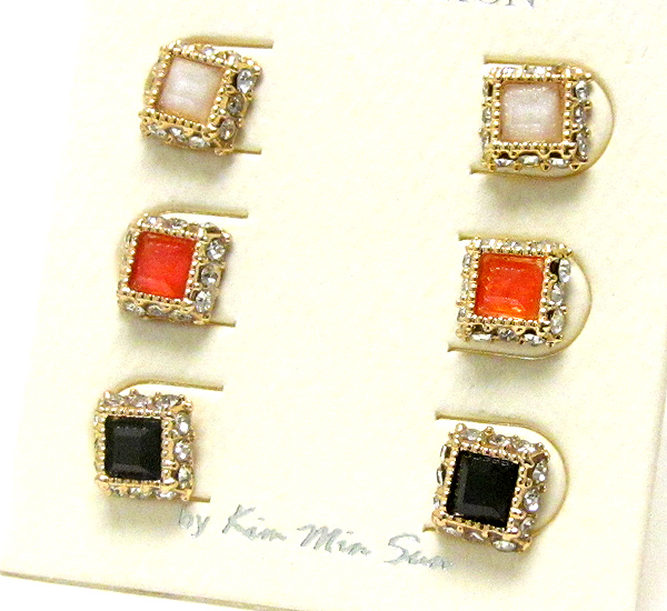 Multi color crystal square earring set of 3