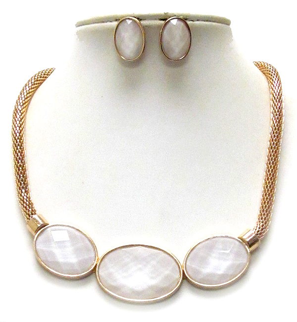 Triple facet oval stone and tube chain necklace earring set