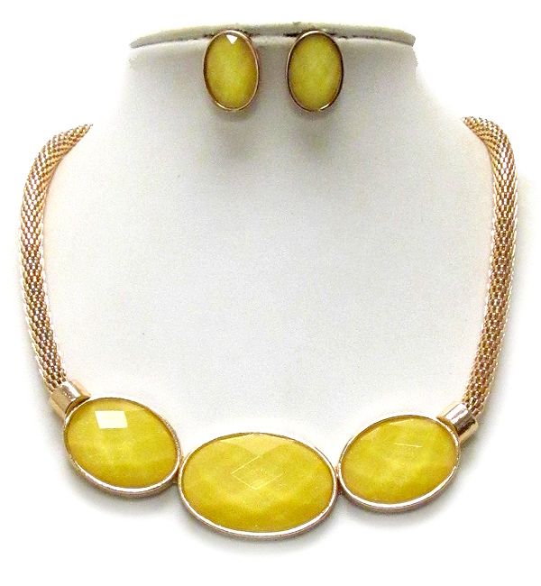 Triple facet oval stone and tube chain necklace earring set