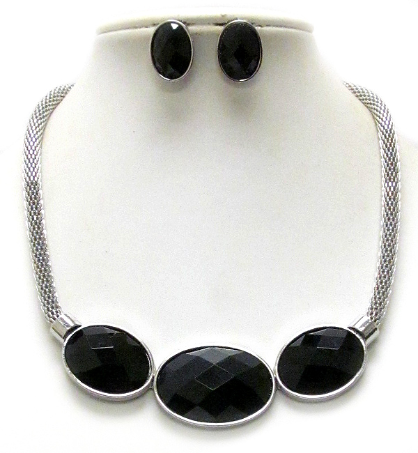 Triple facet oval stone and tube chain necklace earring set