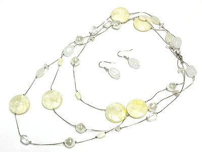 Natural looking multi beads and disk long neckalce and earring set