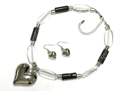 Metal heart peandant metal and acryal bar neckalce and earring set