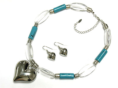 Metal heart peandant metal and acryal bar neckalce and earring set