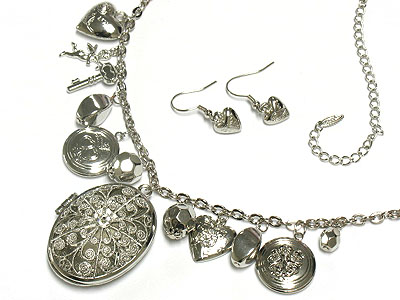 Antique feel filigree metal locket and multi charm dangle necklace