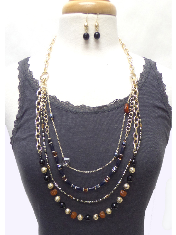 Four layer multi beads chain necklace set