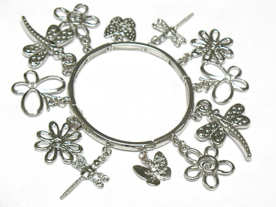 Crystal stud flower and bugs charm metal stretch bracelet