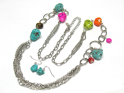 Turquoise stone and multi strand chain link necklace and earring set