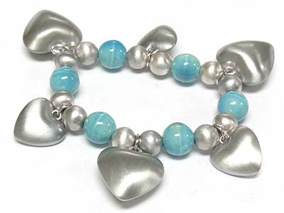 Heart charm ceramic and metal ball stretch bracelet