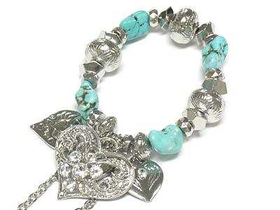 Crystal heart charm turquoise  and metal ball stretch bracelet