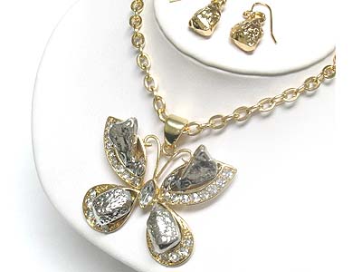 Crystal and bulky metal butterfly peandant and earring set