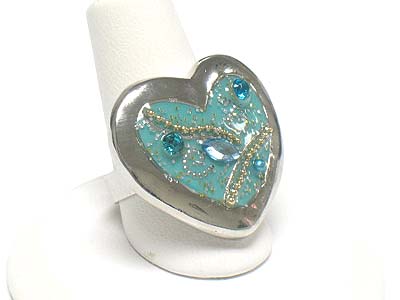 Crystal and glass art deco heart ring - adjustable