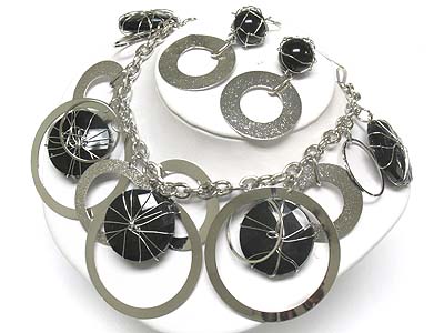 Metal wire wrapped disk and hoop link neckalce and earring set - hoops