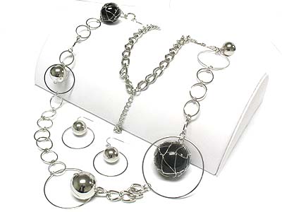 Metal wire wrapped ball and metal hoop link long neckalce and earring set - hoops