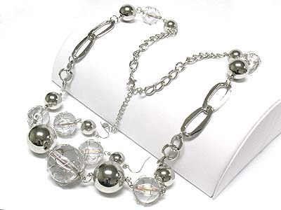 Metal wire wrapped ball and metal hoop link long neckalce and earring set - hoops