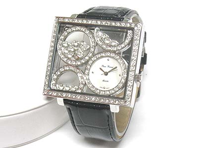 Crystal loos stone floating large square face leather band watch