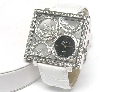 Crystal loos stone floating large square face leather band watch