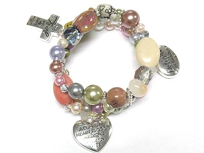 Heart and cross charm triple multi beads stretch bracelet