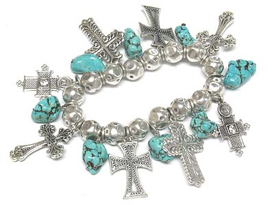 Turquoise stone and cross charm dangle stretch bracelet