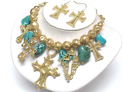 Turquoise stone and cross charm dangle necklace and earring set