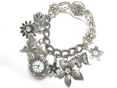 Metal filigree spring theme charm bracelet watch