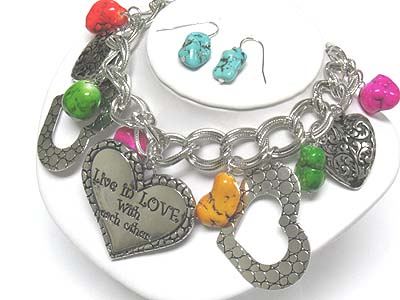 Natural stone and multi heart dangle neckalce and earring set